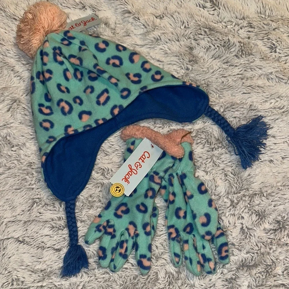 Cat & Jack Girls Leopard Print Fleece Hat and Gloves Set Pink Teal Size 8-16 NWT